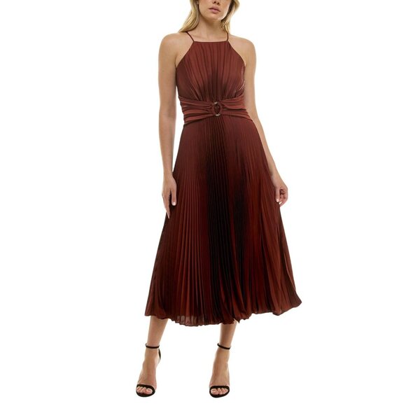 NWT Taylor Womens Halter Belted Pleated Chiffon Midi Dress 4035M Spice Brown 8